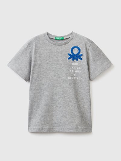 Light Grey Kids' Benetton Print And Embroidery Short Sleeve T-shirts | AU954640