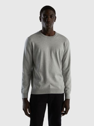 Light Grey Men's Benetton Crew Neck 100% Cotton Sweaters | AU244677