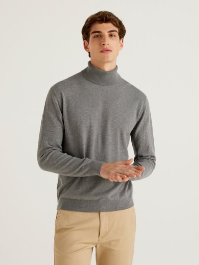 Light Grey Men's Benetton Lightweight Cotton Blend Turtleneck High Neck Sweaters | AU221320