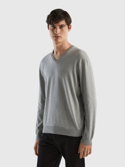 Light Grey Men's Benetton Pure Cotton V-neck Sweaters | AU745836