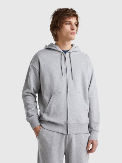 Light Grey Men's Benetton Zip-up Cotton Hoodie | AU450681