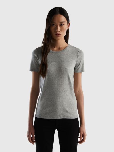 Light Grey Women's Benetton 100% Cotton Glitter Print Logo Short Sleeve T-shirts | AU284706