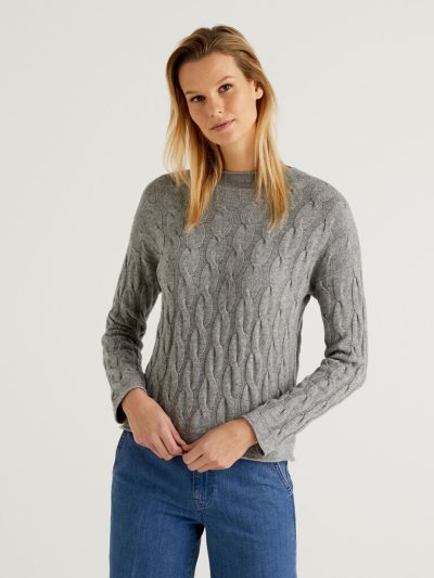 Light Grey Women's Benetton Cable Knit High Neck Sweaters | AU075171