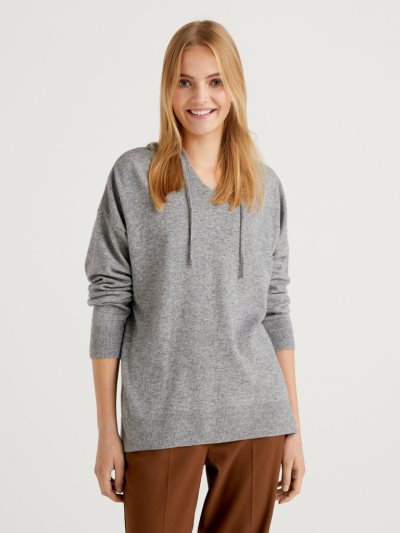 Light Grey Women's Benetton Cashmere Blend Hood V-neck Sweaters | AU127849