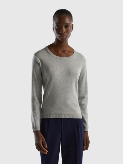 Light Grey Women's Benetton Crew Neck Pure Cotton Sweaters | AU340121