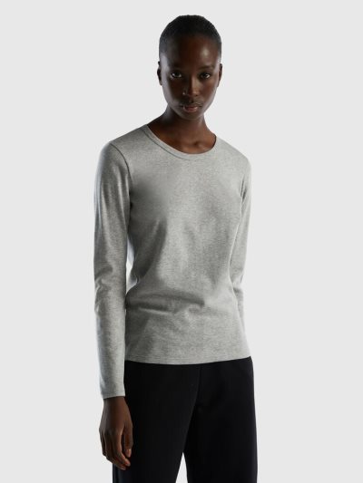 Light Grey Women's Benetton Long Sleeve Pure Cotton T Shirts | AU699842