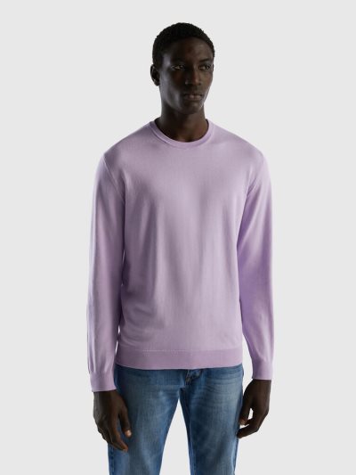 Lilac Men's Benetton Crew Neck 100% Cotton Sweaters | AU034885