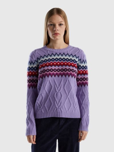 Lilac Women's Benetton Jacquard Cables Crew Neck Sweaters | AU480845