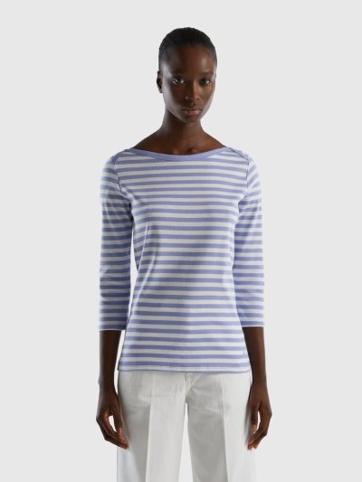 Lilac Women's Benetton Striped 3/4 Sleeve 100% Cotton T Shirts | AU204273