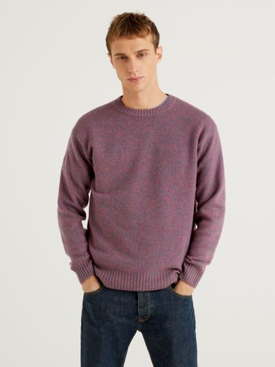 Mauve Men's Benetton Crew Neck Pure Shetland Wool Sweaters | AU201049