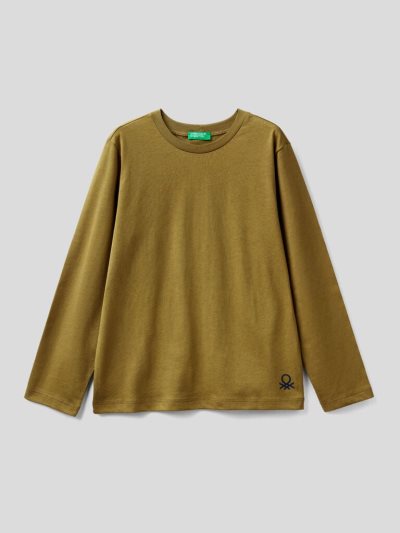 Military Green Kids' Benetton 100% Organic Cotton Crew Neck Long Sleeve T-shirts | AU679856