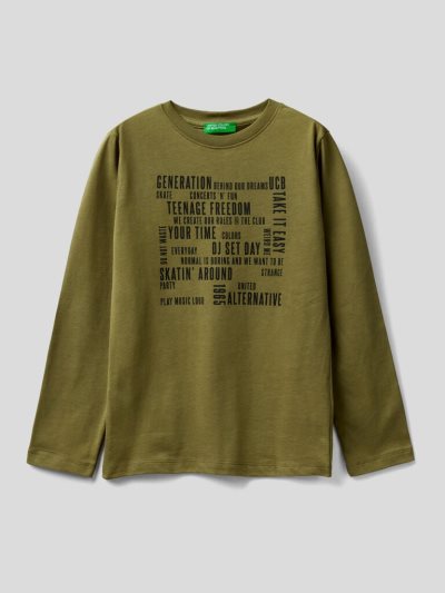 Military Green Kids' Benetton Long Sleeve Warm Cotton T Shirts | AU159277