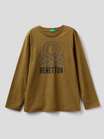 Military Green Kids' Benetton Long Sleeve Organic Cotton T Shirts | AU562637