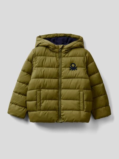 Military Green Kids' Benetton Puffer Hood And Logo Padded Jackets | AU169434