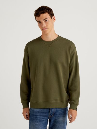 Military Green Men's Benetton 100% Cotton Pullover Sweatshirt | AU014663