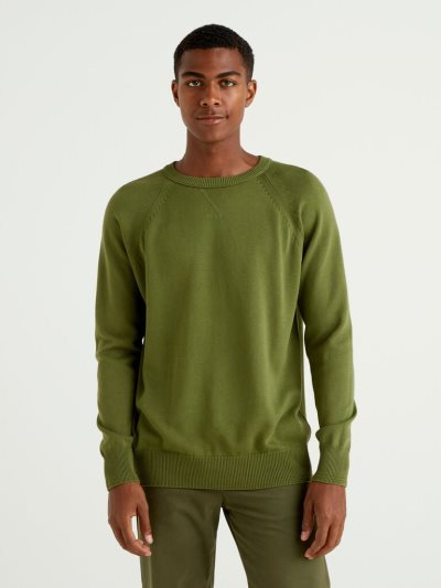 Military Green Men's Benetton 100% Cotton Crew Neck Sweaters | AU084392