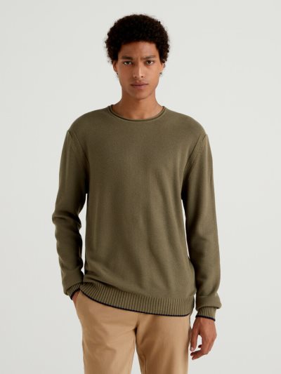 Military Green Men's Benetton Crew Neck Cotton Blend Sweaters | AU582850