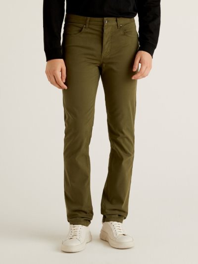 Military Green Men's Benetton Five Pocket Stretch Cotton Trousers | AU823214