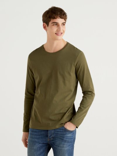 Military Green Men's Benetton Long Sleeve Pure Cotton T Shirts | AU664752