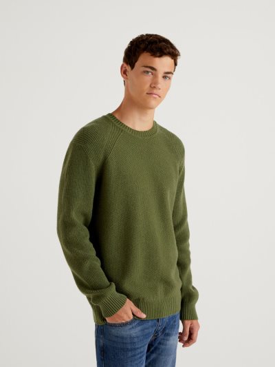 Military Green Men's Benetton Recycled Wool Blend Crew Neck Sweaters | AU796101