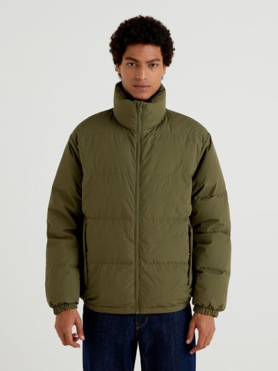 Military Green Men's Benetton Short Puffer Padded Recycled Feathers Puffer Jackets | AU792309