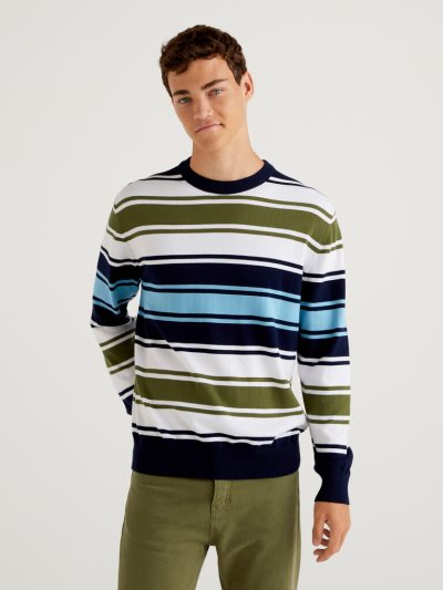 Military Green Men's Benetton Striped 100% Cotton Crew Neck Sweaters | AU304792