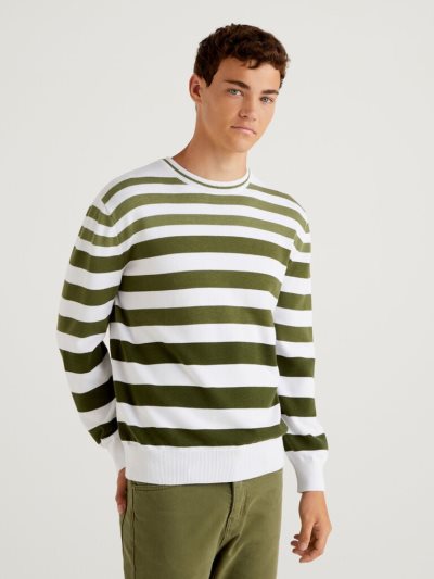 Military Green Men's Benetton Striped Crew Neck Sweaters | AU152354