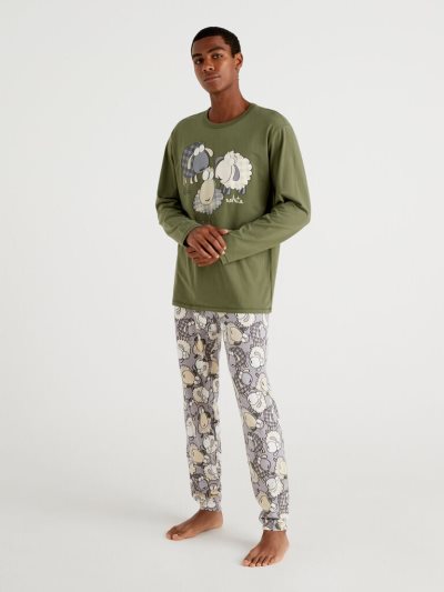 Military Green Men's Benetton Warm Sheep Print Pyjamas | AU674273