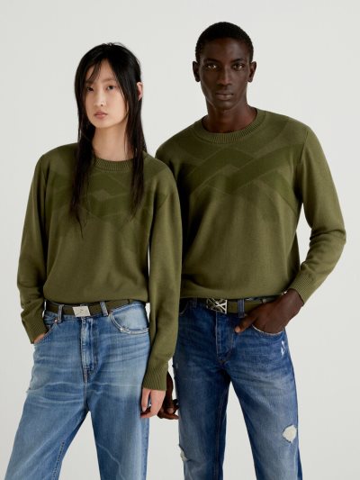 Military Green Women's Benetton Logo Crew Neck Sweaters | AU766620