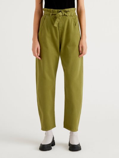 Military Green Women's Benetton Paperbag 100% Cotton Trousers | AU018207