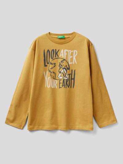 Mustard Kids' Benetton Warm Cotton Print Long Sleeve T-shirts | AU313508