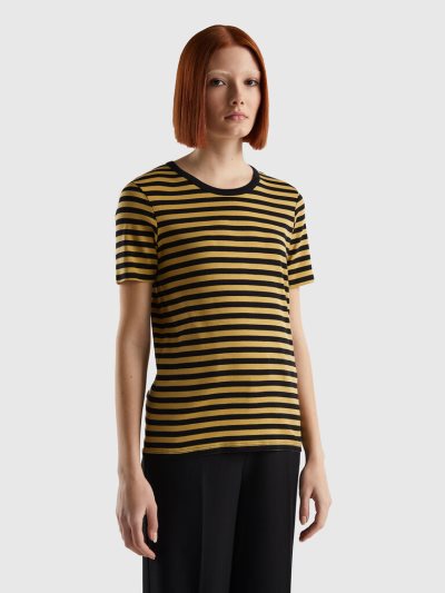 Mustard Women's Benetton Crew Neck Striped Short Sleeve T-shirts | AU914601