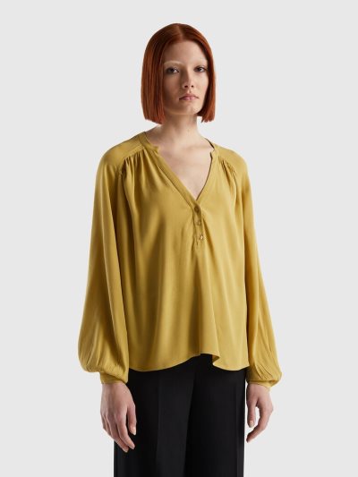 Mustard Women's Benetton Long Sleeve 100% Viscose Blouse | AU364815