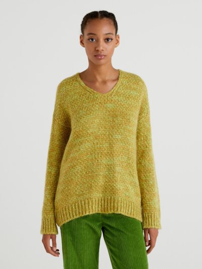 Mustard Women's Benetton Mohair Blend V-neck Sweaters | AU090885