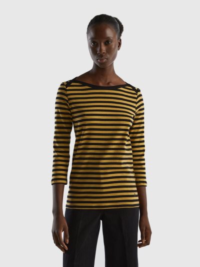 Mustard Women's Benetton Striped 3/4 Sleeve 100% Cotton T Shirts | AU985190