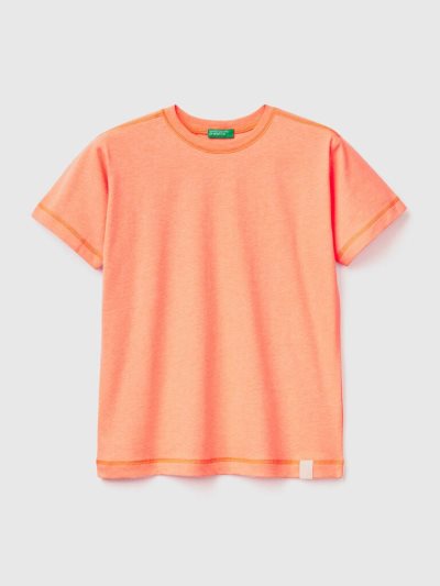 Neon Orange Kids' Benetton Crew Neck Recycled Fabric Short Sleeve T-shirts | AU586154