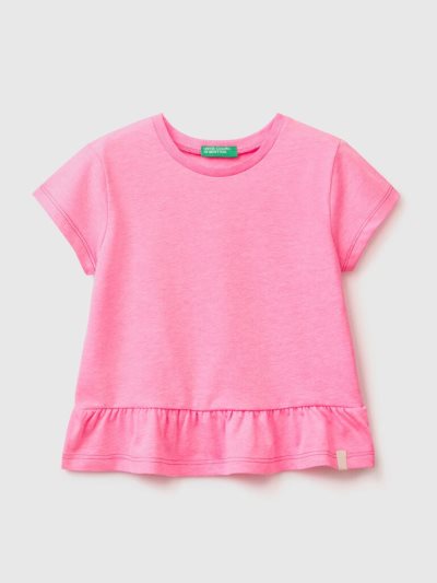 Neon Pink Kids' Benetton Recycled Fabric Ruffles Short Sleeve T-shirts | AU715054