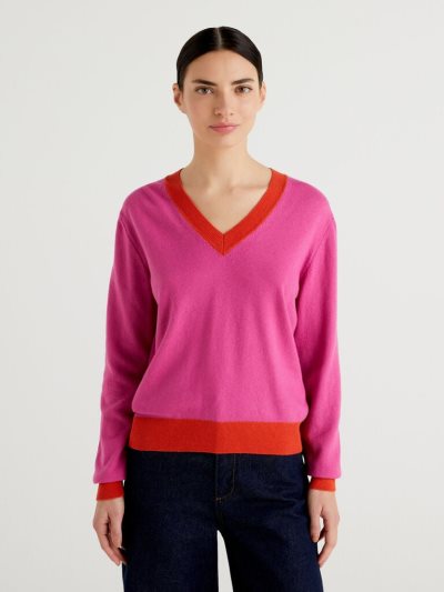 Neon Pink Women's Benetton Cashmere Blend V-neck Sweaters | AU135247