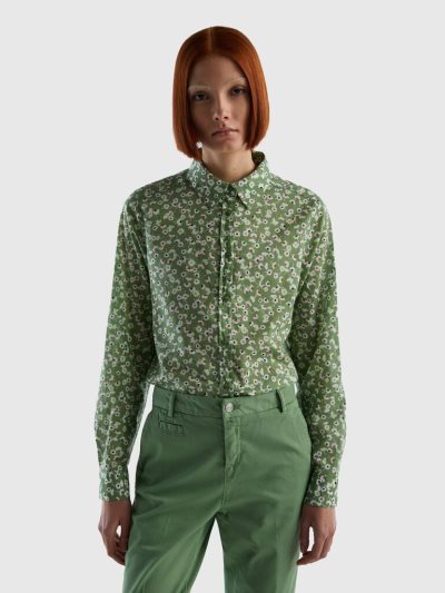 Olive Green Women's Benetton 100% Cotton Patterned Shirts | AU407591