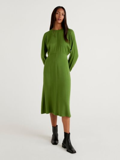 Olive Green Women's Benetton Pure Viscose Midi Dress | AU500539