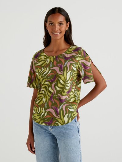 Olive Green Women's Benetton Short Sleeve Patterned T Shirts | AU223625