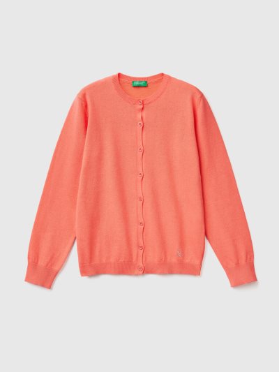 Orange Coral Kids' Benetton Crew Neck Cotton Blend Cardigan | AU473211