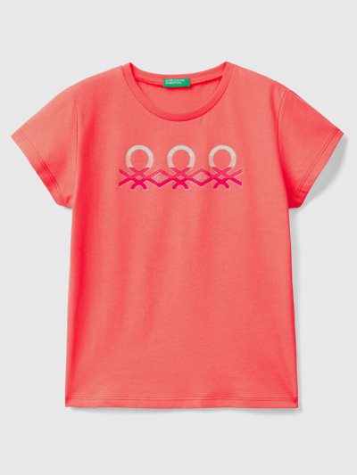 Orange Coral Kids' Benetton Glittery Logo Organic Cotton Short Sleeve T-shirts | AU665521