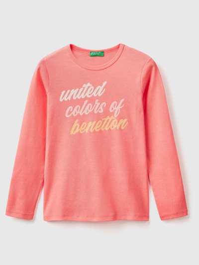 Orange Coral Kids' Benetton Long Sleeve Glitter Print T Shirts | AU593475