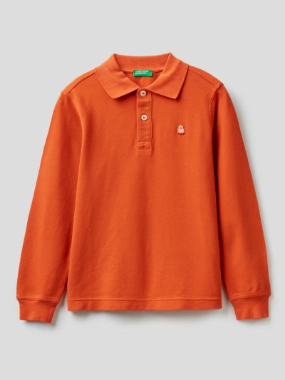 Orange Kids' Benetton 100% Organic Cotton Long Sleeve Polo Shirts | AU337412