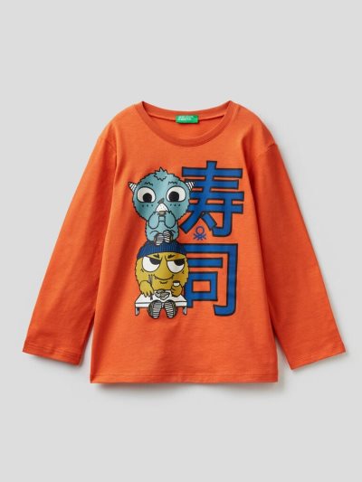 Orange Kids' Benetton Organic Cotton Print Long Sleeve T-shirts | AU792351