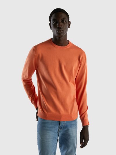 Orange Men's Benetton Crew Neck 100% Cotton Sweaters | AU759714