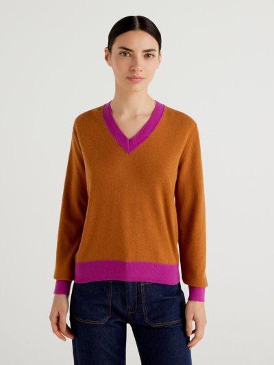 Orange Women's Benetton Cashmere Blend V-neck Sweaters | AU849247