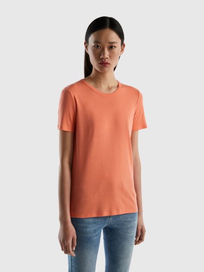 Orange Women's Benetton Long Fiber Cotton Short Sleeve T-shirts | AU788617