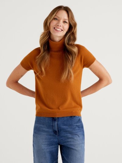 Orange Women's Benetton Orange Short Sleeve Turtleneck High Neck Sweaters | AU548457